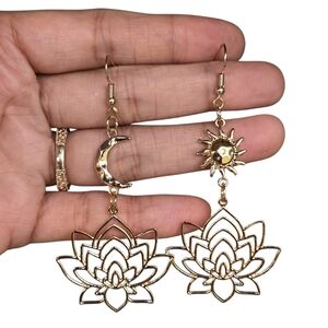 Sun Moon Lotus Dangle Boho Earrings Statement Jewelry Celestial Boheme